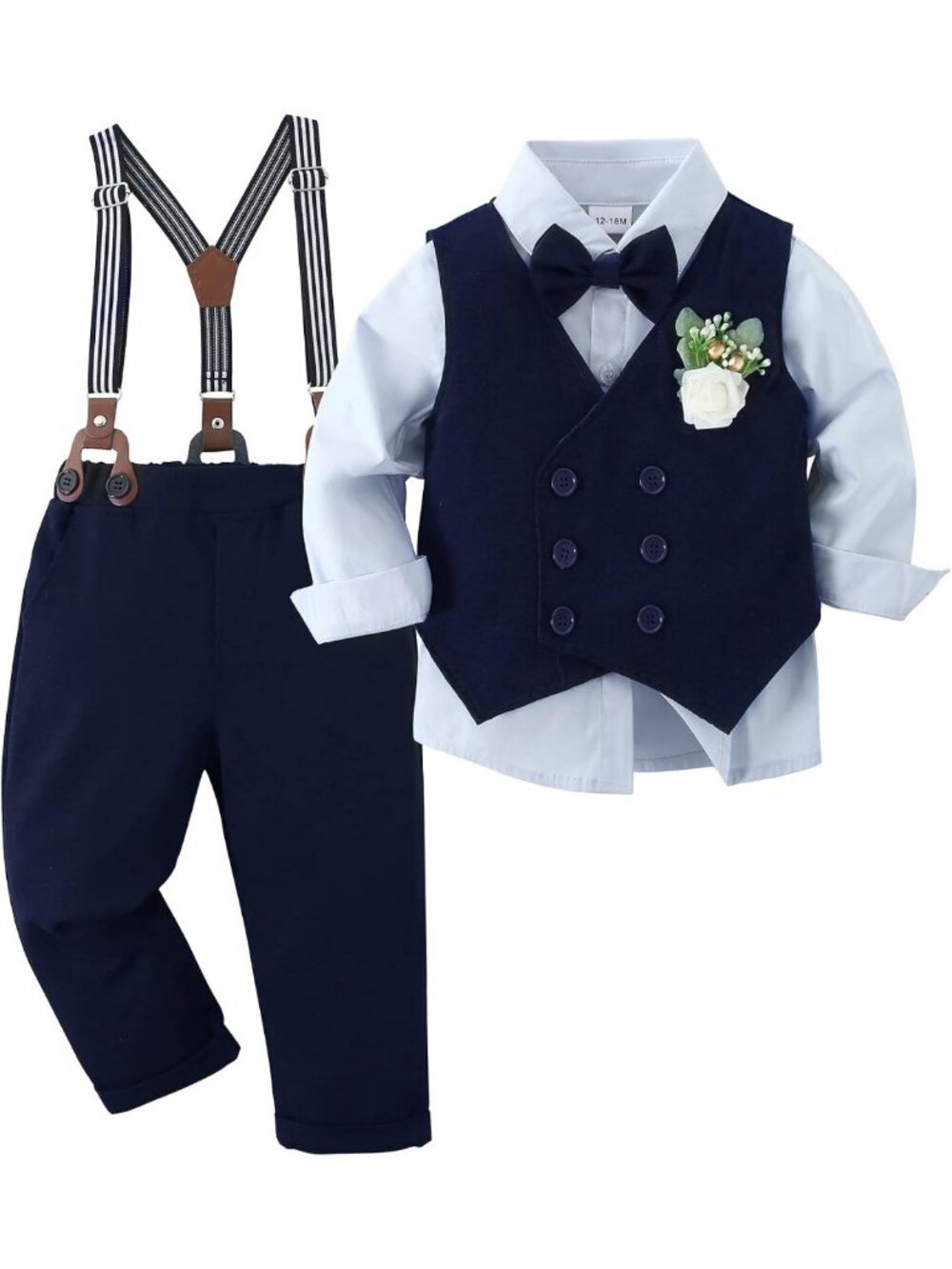 Stylish Toddler Boy Formal Outfit Set: Dress Shirt, Bowtie, Vest & Suspender